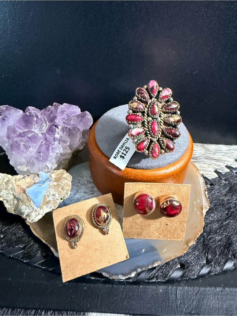 Copper, Red Rose Dahlia Ring & Earring Set - Red - Southwest